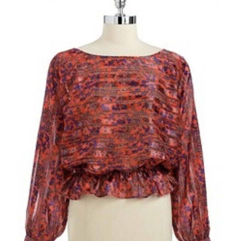 FREE PEOPLE Blouse XS LAST STOP Keyhole Chinoiserie Flowers Peplum Metallic NWT